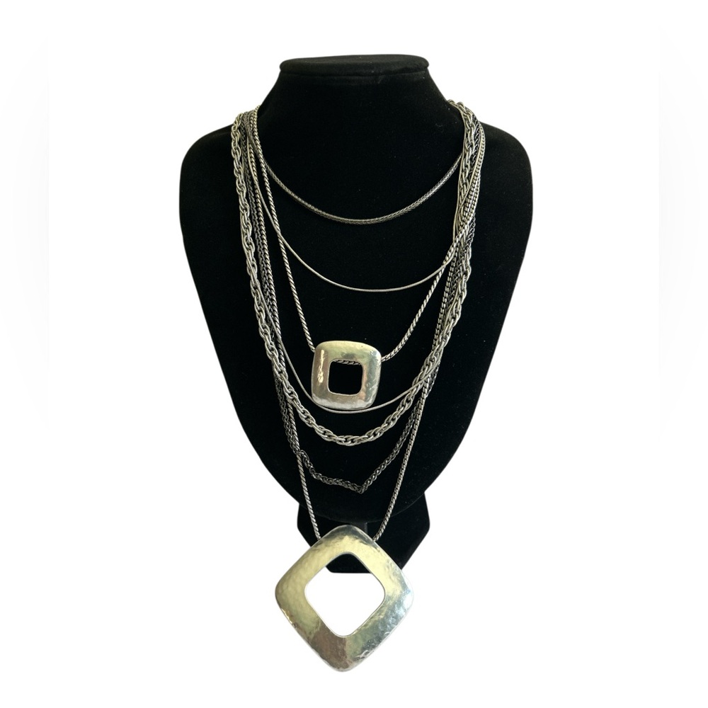 Chico's Tamera Hammered Silver Tones 7 Layered 2 Pendant Necklace